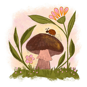 手绘森林蘑菇与花瓢虫，木林地食用有毒真菌。