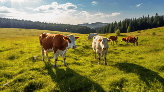 卡通日系动物摄影照片_在草地上吃草的牛