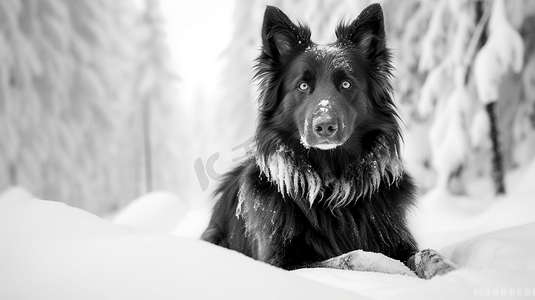 坐在雪地里摄影照片_一只黑白相间的狗坐在雪地里