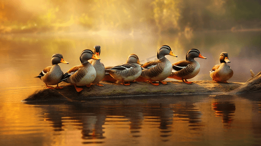 一群鸭子坐在水体的边缘