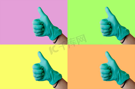 在医学主题的彩色背景上拼贴：一只戴着蓝色乳胶手套的女性手像手势一样竖起大拇指。