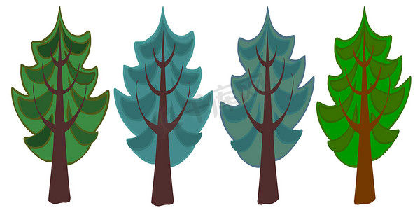 绿色春天卡通摄影照片_四棵云杉卡通树的插图。