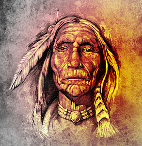 纹身艺术素描，美洲印第安人头在科洛的肖像