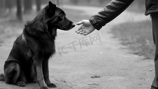 一只黑白相间的狗与一个人握手