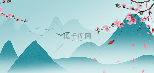 中国风山峦桃花蓝色古风海报背景