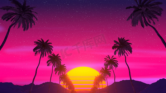 Retrowave 热带景观。