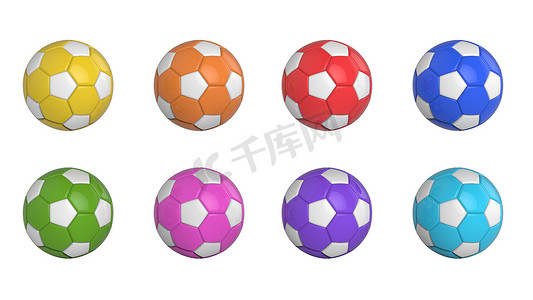彩色足球塑料皮革金属织物球隔离在黑色背景上。