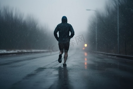雨中的运动员赛跑者森林步道