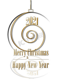 邀请函背景金色摄影照片_2021年圣诞快乐，新年快乐，白色背景中的金色螺旋形