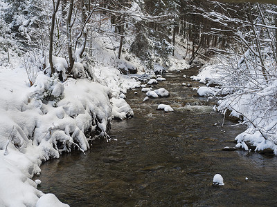 白雪覆盖的森林水流溪流，树木、树枝和石头，黄金时段阳光下田园诗般的冬季景观