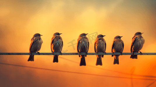 一群鸟坐在电线顶上