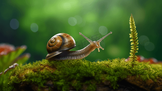 风雨蜗牛摄影照片_一只蜗牛正坐在长满苔藓的地面上