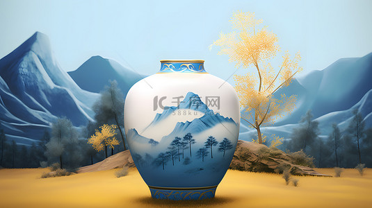 中国风青花瓷瓷器山水背景