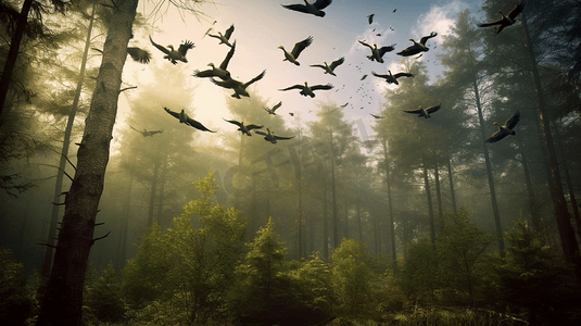 飞翔摄影照片_一群鸟在森林上空飞翔