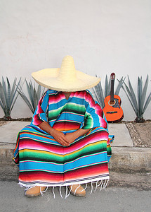墨西哥懒人坐着 serape 龙舌兰吉他小睡午睡