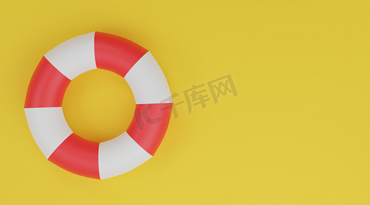 游泳圈 3D，救生圈红色和白色在黄色背景