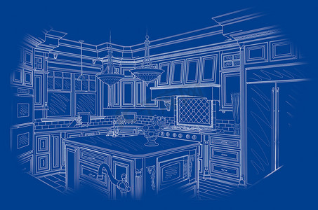 蓝色的白色定制厨房设计图