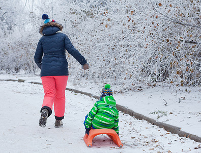 玩雪橇的孩子摄影照片_一家人在冬季公园玩雪橇