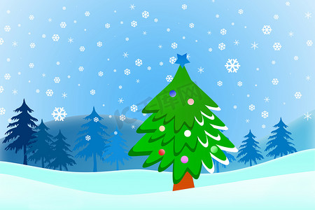 卡通圣诞节背景摄影照片_雪蓝色背景上的卡通圣诞树