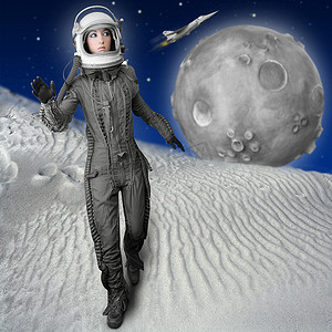 宇航员时尚站女人太空服头盔