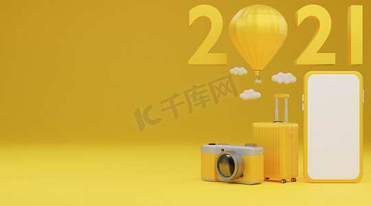 2021 年新年快乐：黄色背景旅行概念上带有飞机、行李和相机的白屏移动模型。 