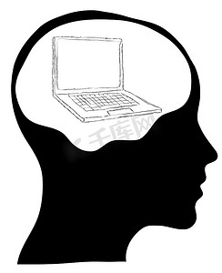 上脑摄影照片_连接到笔记本电脑的大脑-在白色 bac 上隔离