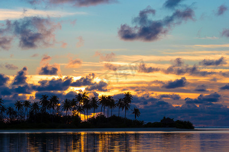 海边的日落、棕榈树的深色轮廓和令人惊叹的多云天空