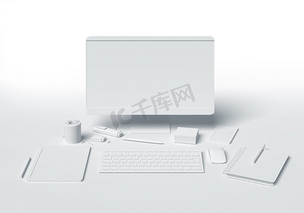 白色空白办公技术和用品 3d 白色背景