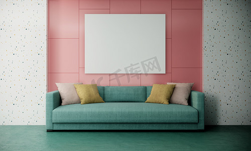 白色画框画框摄影照片_空白画框模拟在现代色彩缤纷的客厅内部，粉色和白色墙壁上配有绿色沙发，3D 渲染