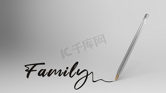 用透明塑料圆珠笔在白色背景上用书法书写的家庭词，bic，3d 插图渲染高清。