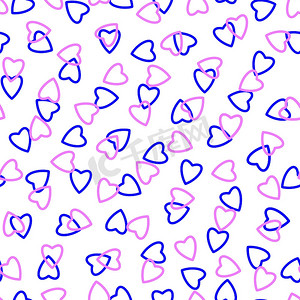 简单的心形无缝图案，无尽的混乱纹理，由微小的心形轮廓制成。情人节，母亲节背景。非常适合复活节、婚礼、剪贴簿、礼品包装纸、纺织品。蓝色，淡紫色，白色