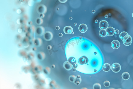 表面有气泡的蓝色原子球，3d 渲染。