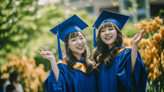 毕业季两个大学生穿着学士服拍毕业照