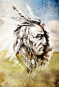 卷曲的龙摄影照片_“纹身艺术素描，印第安人头在农田背景上”