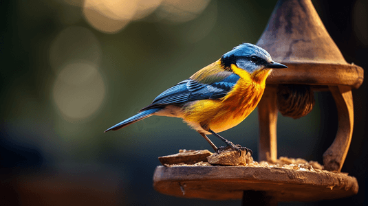 黄蓝交汇摄影照片_一只黄蓝相间的鸟坐在木制喂鸟器的顶部