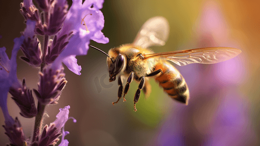 一只蜜蜂从一朵紫花上飞走