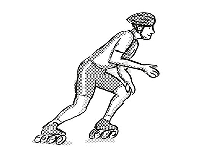 运动员溜冰者直排轮速滑卡通复古绘图