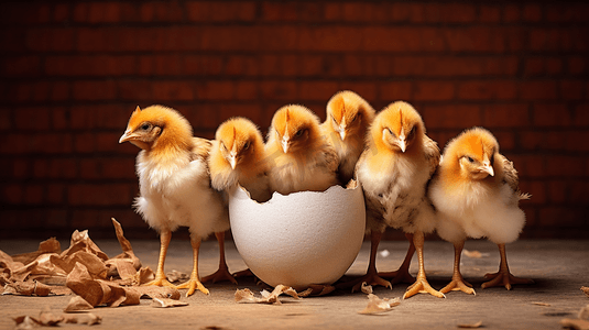 一群鸡围着一个碎鸡蛋站着