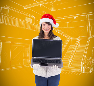 戴着圣诞帽、微笑着的黑发女郎展示她的笔记本电脑的合成图像