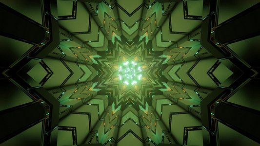 在几何图形中反射绿色霓虹灯的环形万花筒的 3D 插图