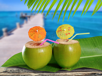 热带加勒比海码头的椰子秸秆鸡尾酒