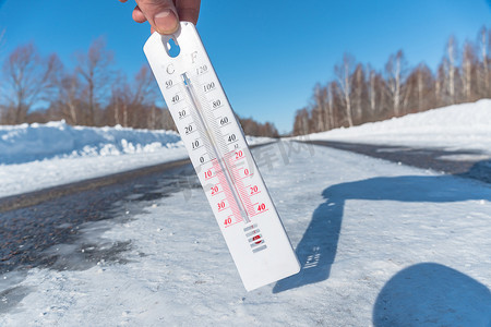 冰雪女神摄影照片_在结冰的道路或高速公路的背景下，温度计在寒冷的天气中显示出负温度。低温和冰的恶劣天气条件。冰雪覆盖的道路或高速公路