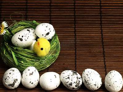 复活节鸡和鸡蛋在巢中。