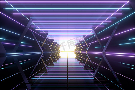 “带有发光线的黑暗宇宙飞船隧道，3d 渲染。”