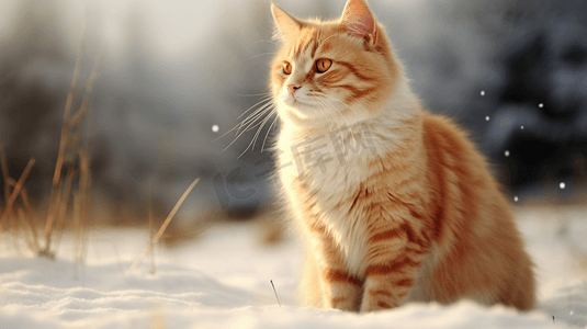 雪地猎豹摄影照片_一只橙色和白色相间的猫坐在雪地里