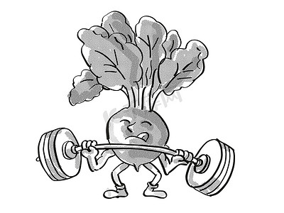 锻炼健身卡通摄影照片_红萝卜健康蔬菜举杠铃卡通复古画