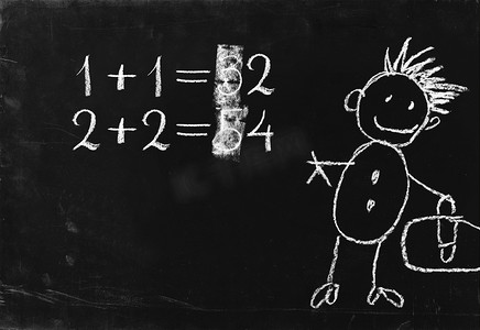 儿童数学摄影照片_简单的数学运算在黑板上写粉笔。
