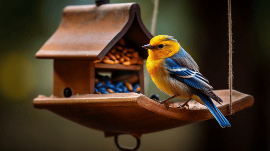 红黄蓝水彩摄影照片_一只黄蓝相间的鸟坐在木制喂鸟器的顶部