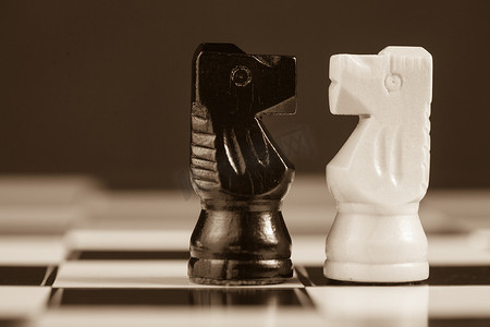 国际象棋骑士摄影照片_面对彼此的两个国际象棋骑士