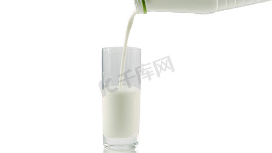 将新鲜的开菲尔牛奶从瓶子里倒入玻璃杯中，用白色特写镜头隔开。